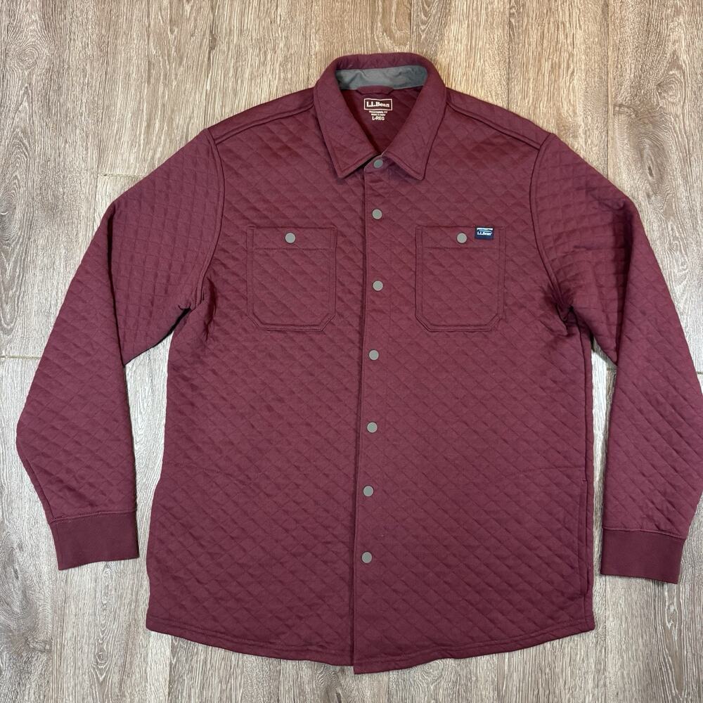 LL Bean Mens Large Burgundy Quilted Snap Overshirt Knit Pockets Outdoor
